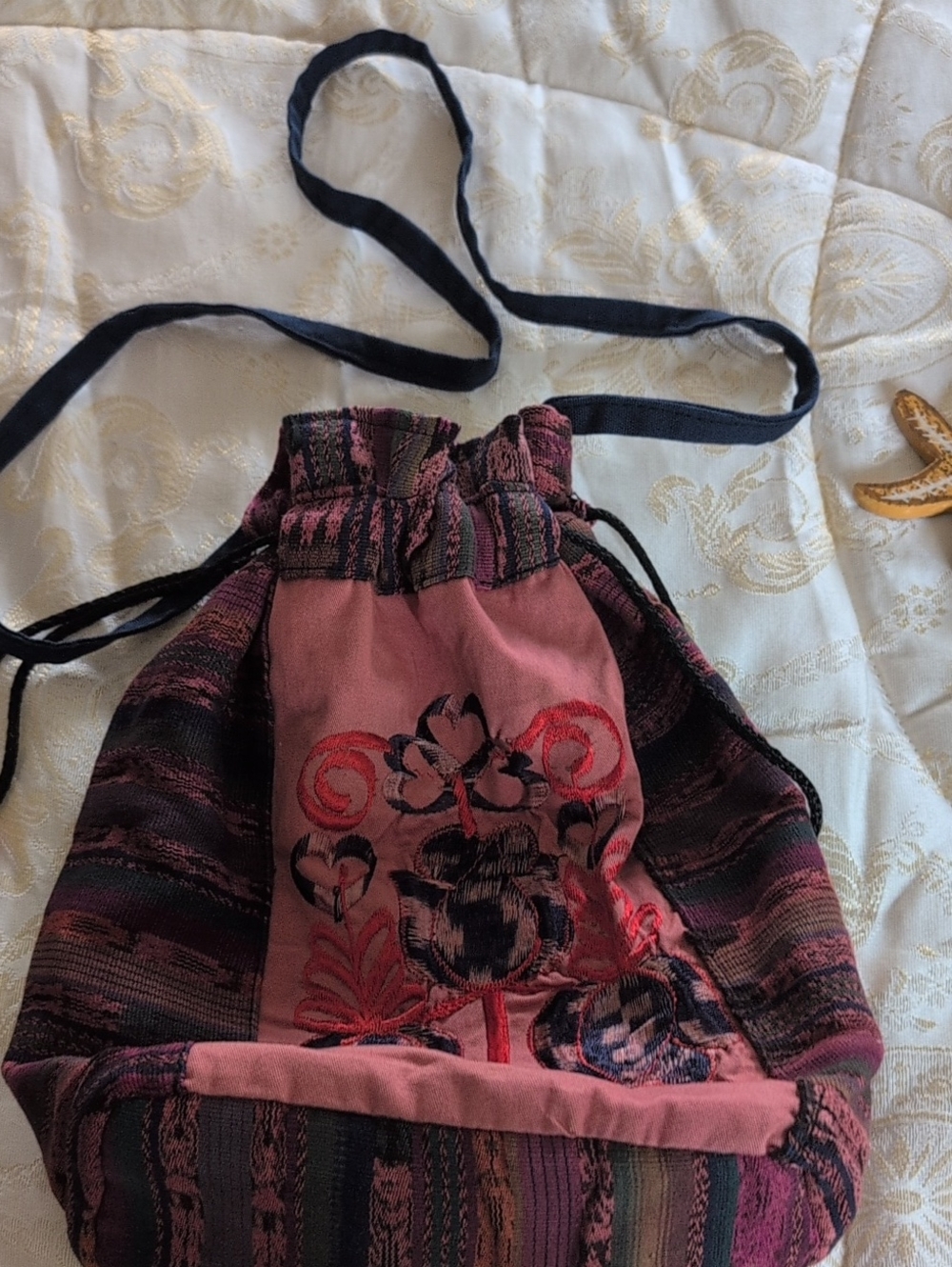 Handcrafted Light Orange Embroidered Drawstring Women’s Bag